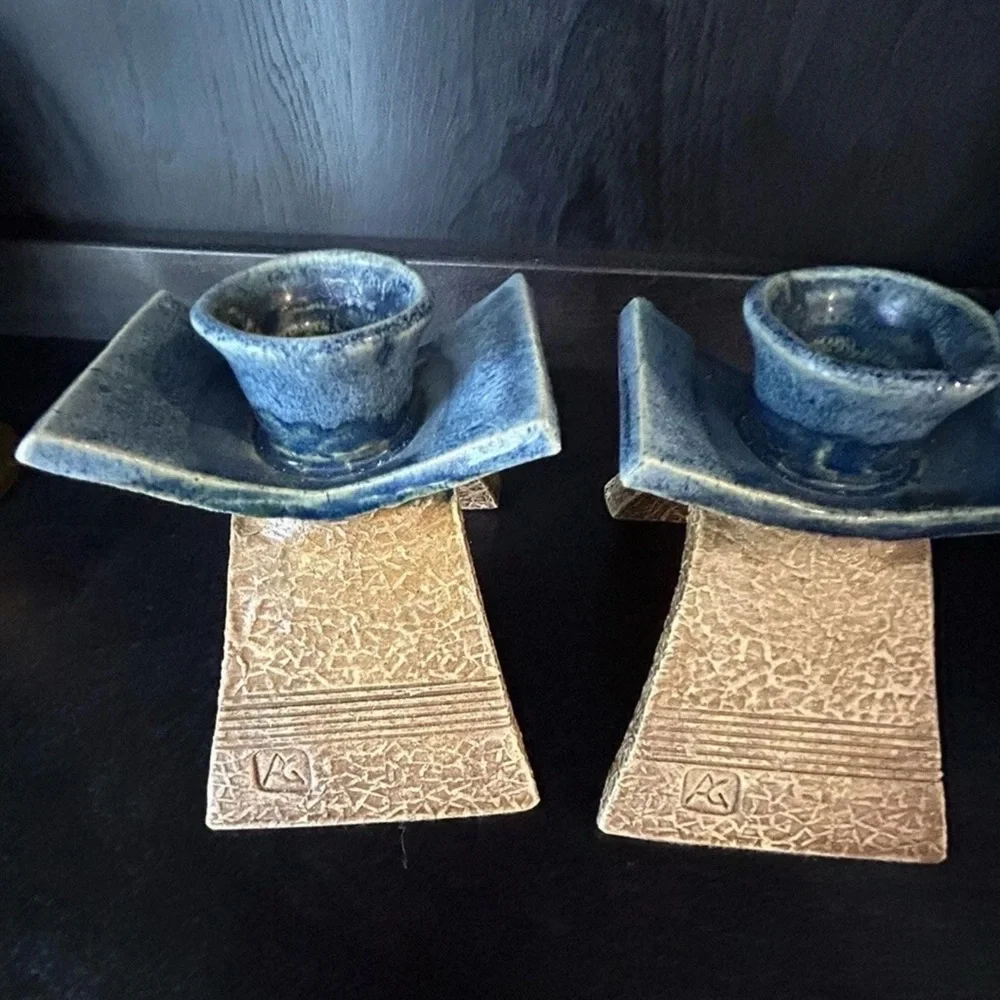 Candlestick Holders 2 Glazed Crafted For Tapers Blue Brown Artisy MCM Signed AG